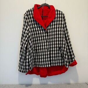 Luii Houndstooth Swing Jacket Black White Red Fleece Trim Funnel Neck XL